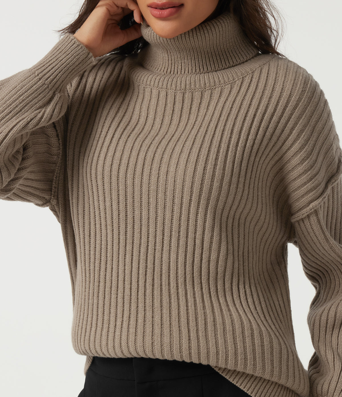 High Neck Long Sleeve Dropped Shoulder Casual Wool-Blend Jumper — Dark Reddish Brown — view 5