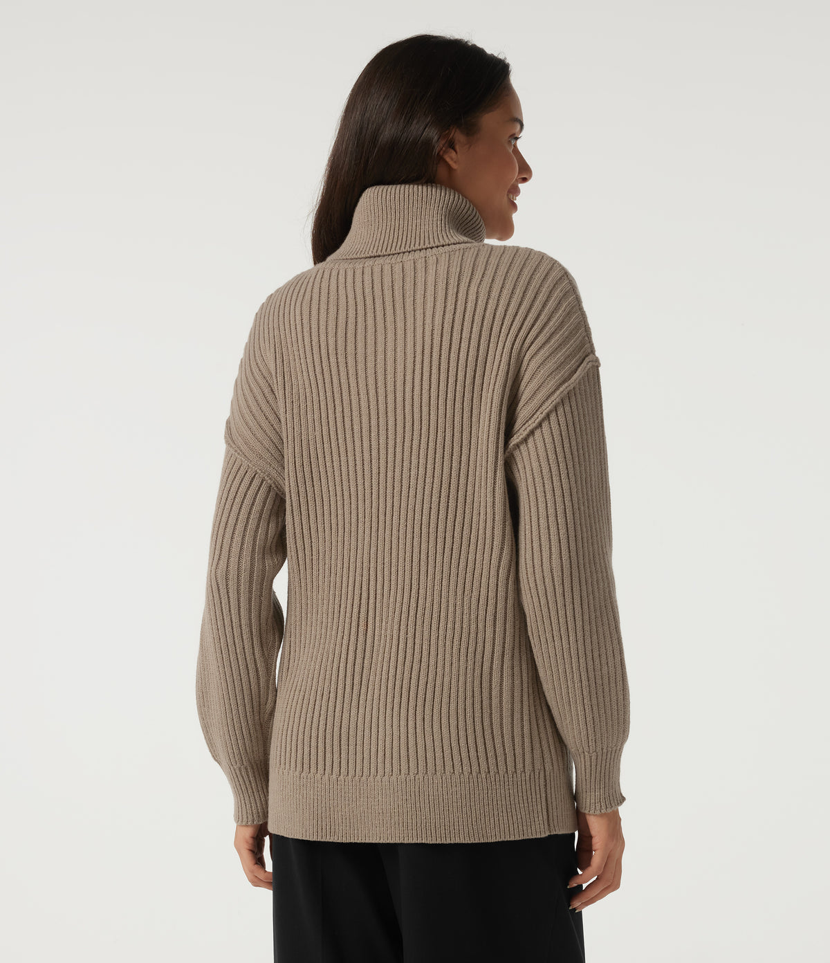 High Neck Long Sleeve Dropped Shoulder Casual Wool-Blend Jumper — Dark Reddish Brown — view 2