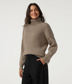 High Neck Long Sleeve Dropped Shoulder Casual Wool-Blend Jumper — Dark Reddish Brown — view 3