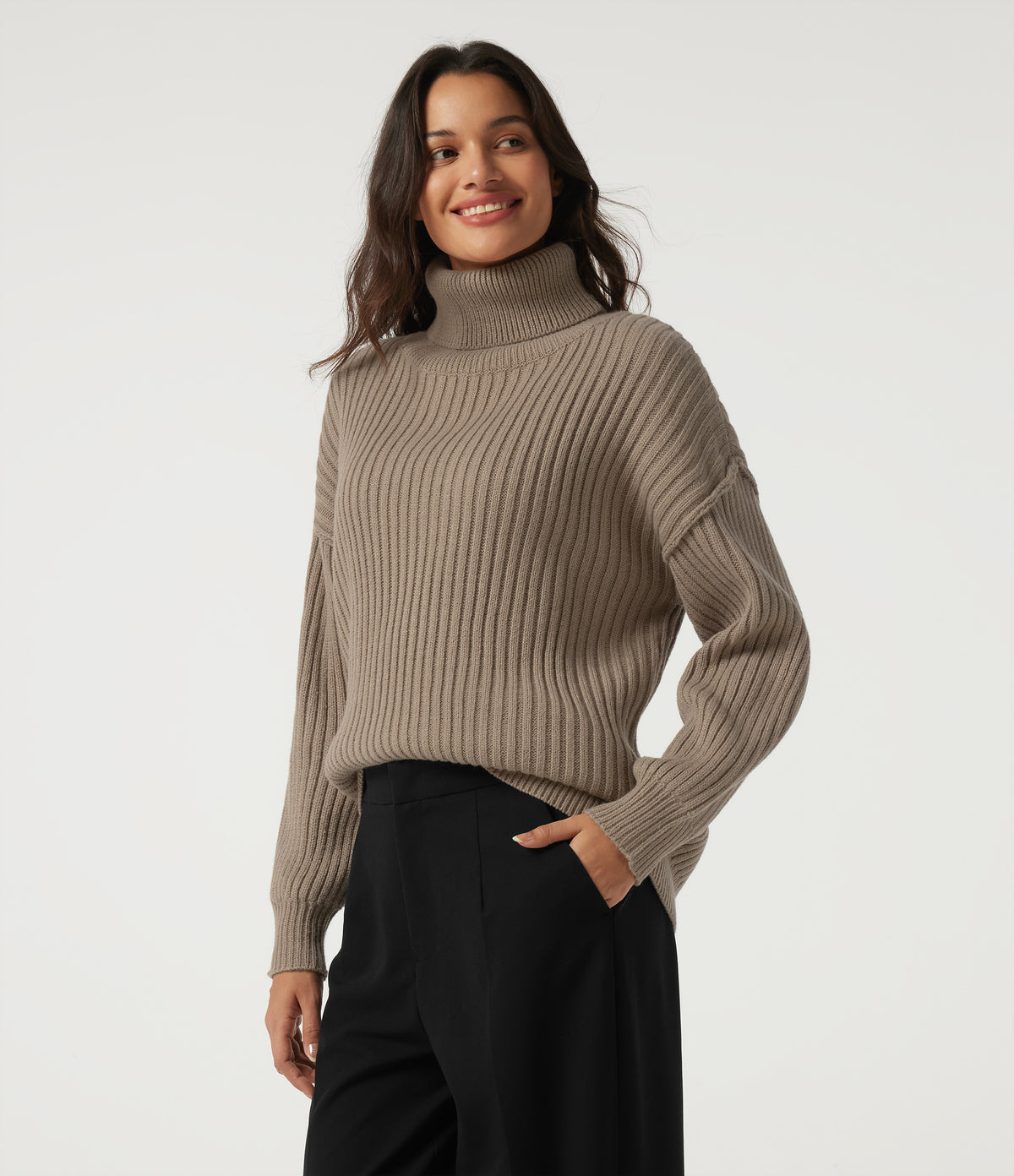 High Neck Long Sleeve Dropped Shoulder Casual Wool-Blend Jumper — Dark Reddish Brown — view 3