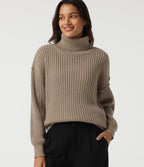 High Neck Long Sleeve Dropped Shoulder Casual Wool-Blend Jumper — Dark Reddish Brown — view 1