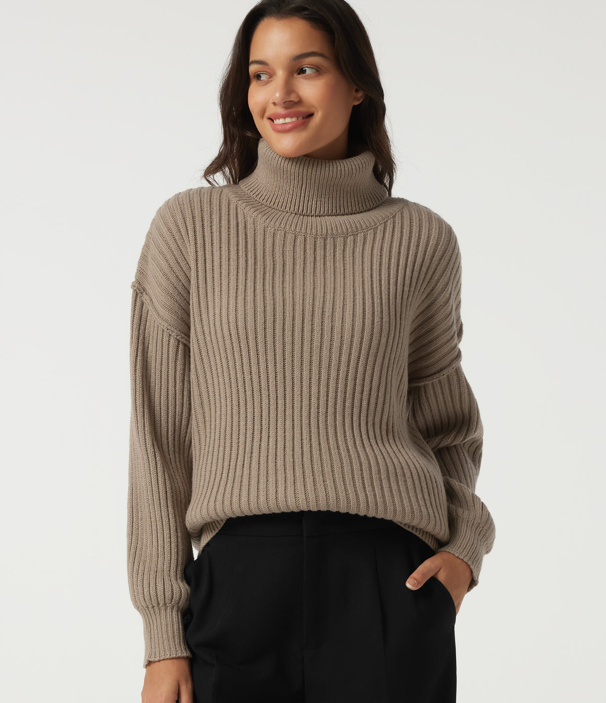High Neck Long Sleeve Dropped Shoulder Casual Wool-Blend Jumper — Dark Reddish Brown — view 1