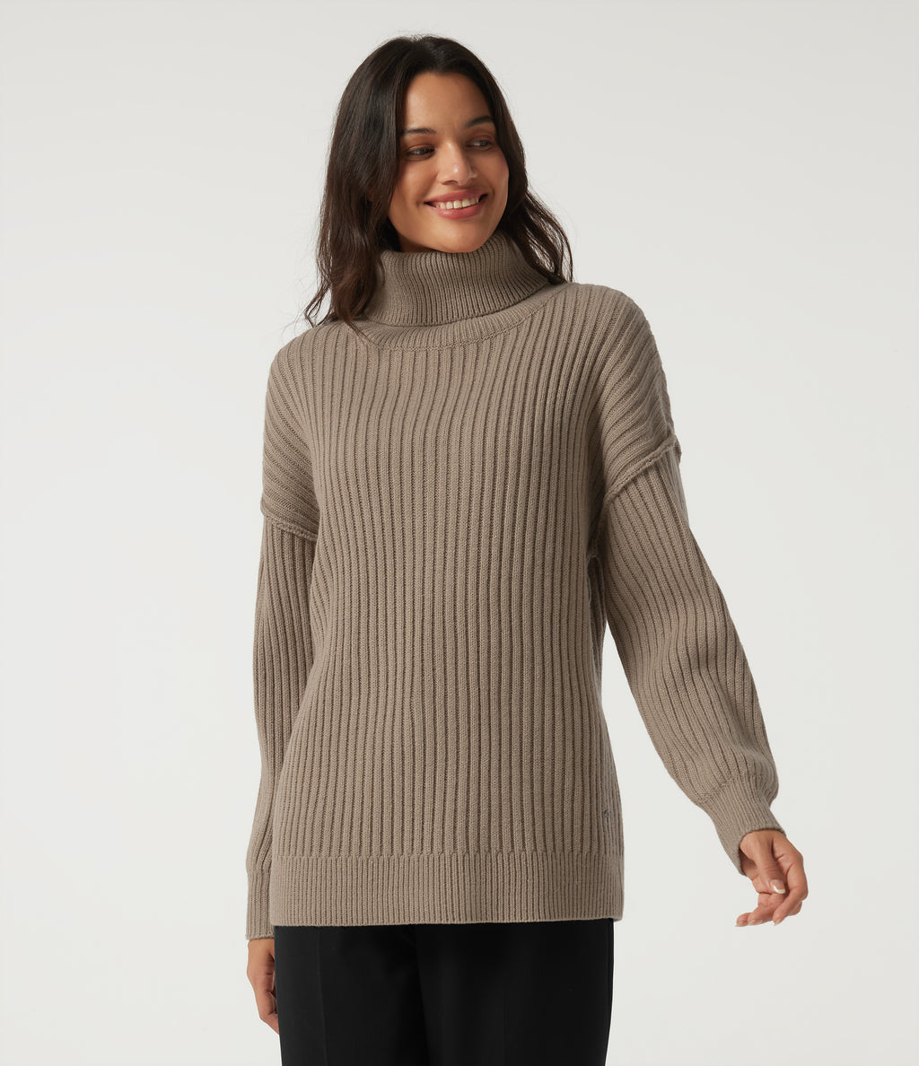 High Neck Long Sleeve Dropped Shoulder Casual Wool-Blend Jumper — Dark Reddish Brown — view 4