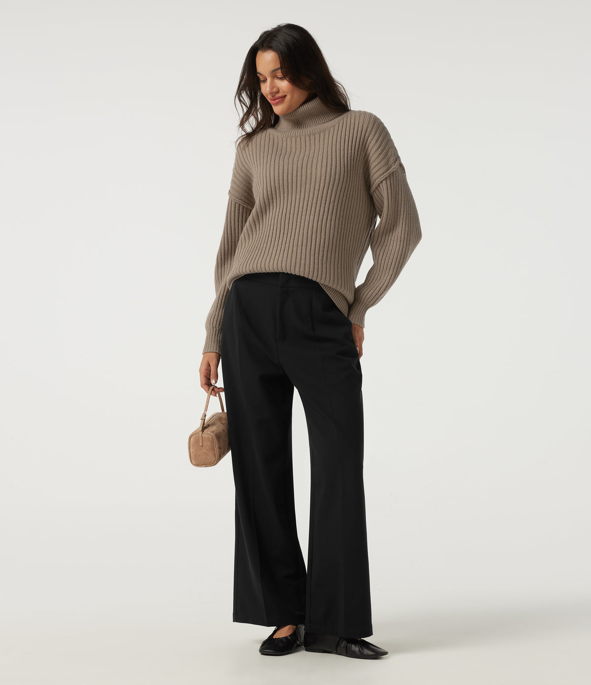 High Neck Long Sleeve Dropped Shoulder Casual Wool-Blend Jumper — Dark Reddish Brown — view 6