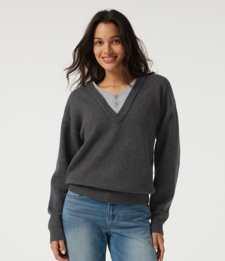V Neck Dropped Shoulder Long Sleeve 2-in-1 Casual Jumper — Forged Iron — view 1