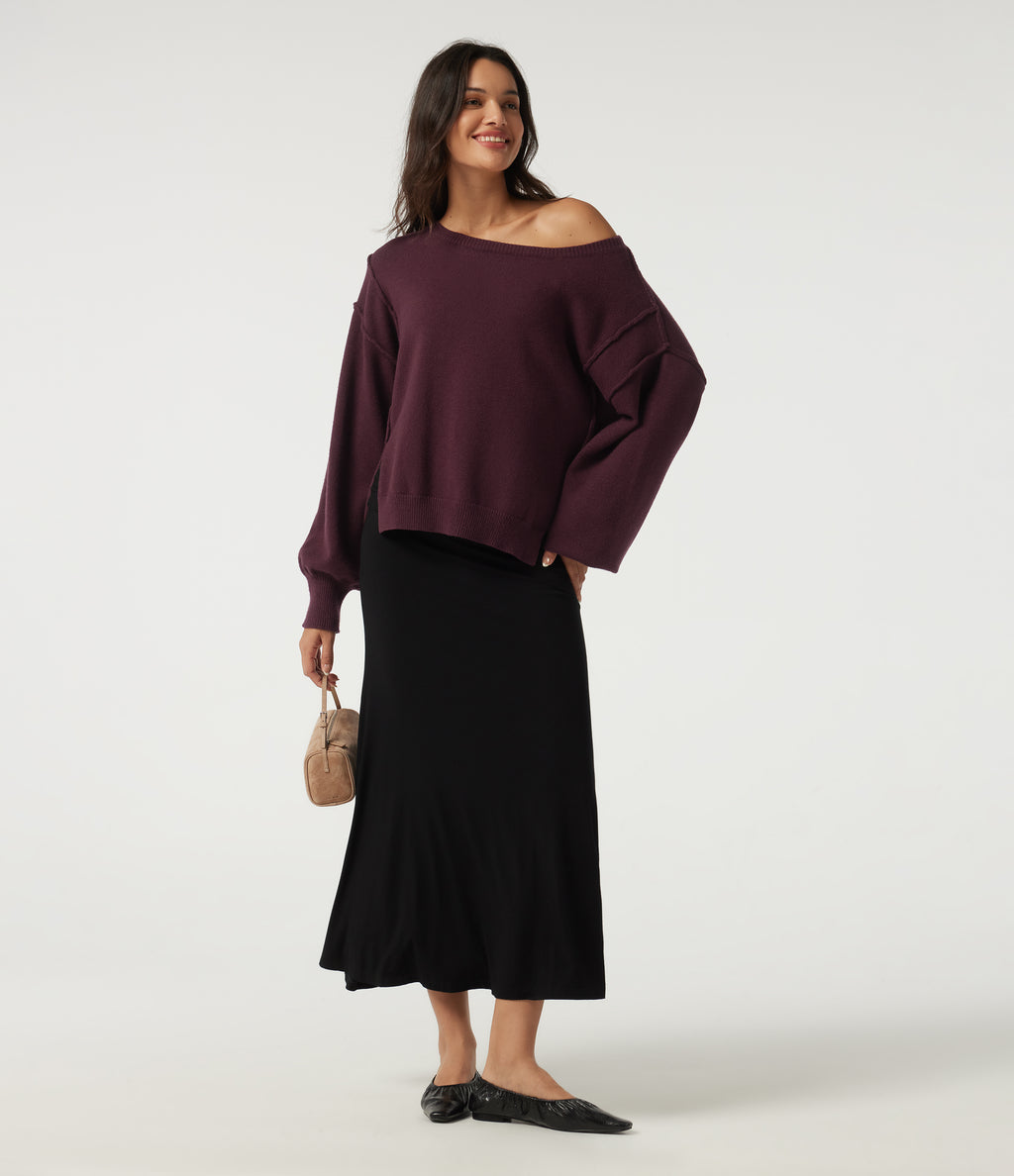 One Shoulder Long Sleeve Casual Jumper — Zinfandel - Wine Red — view 6