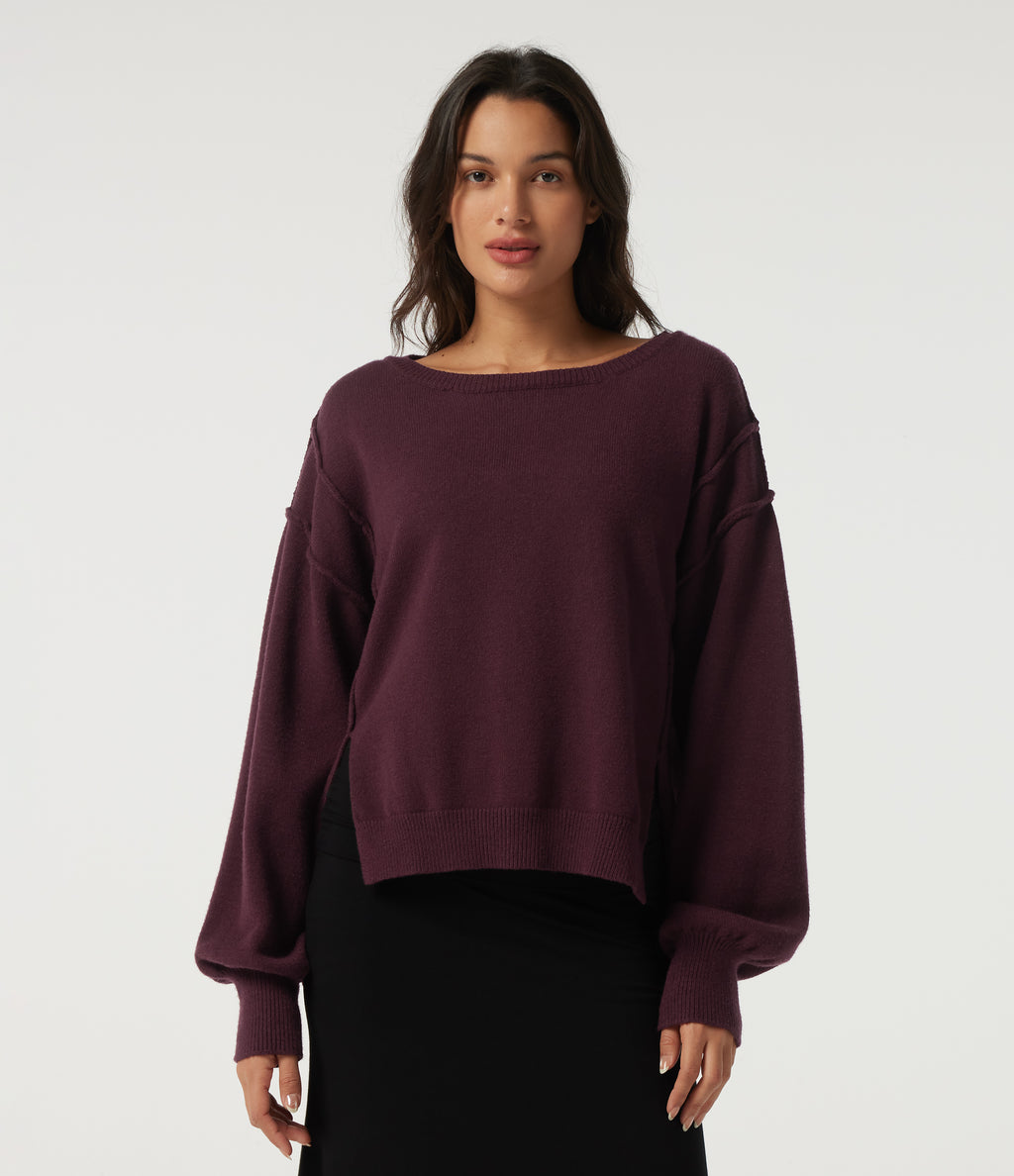 One Shoulder Long Sleeve Casual Jumper — Zinfandel - Wine Red — view 4