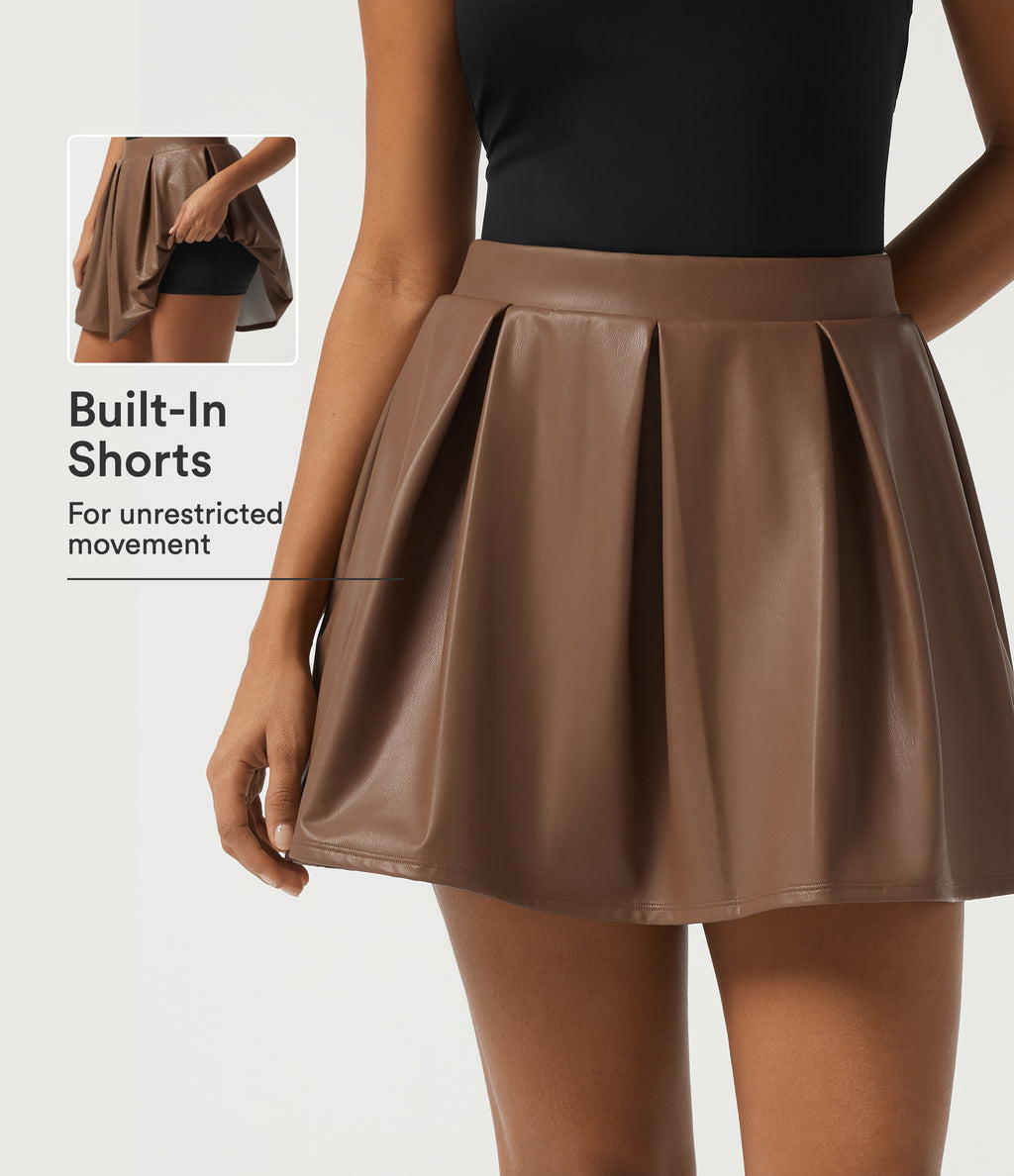 High Waisted 2-in-1 A-Line Fleece PU Casual Mini Skirt with Pockets — Rustic Brown — view 1