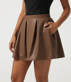 High Waisted 2-in-1 A-Line Fleece PU Casual Mini Skirt with Pockets — Rustic Brown — view 4