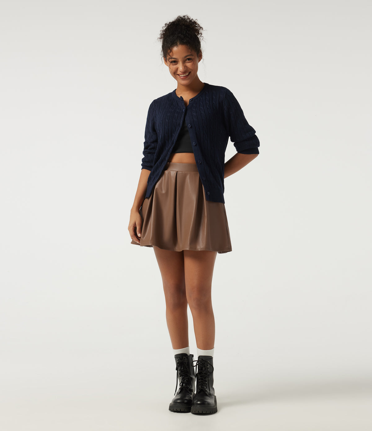 High Waisted 2-in-1 A-Line Fleece PU Casual Mini Skirt with Pockets — Rustic Brown — view 6
