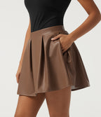 High Waisted 2-in-1 A-Line Fleece PU Casual Mini Skirt with Pockets — Rustic Brown — view 3