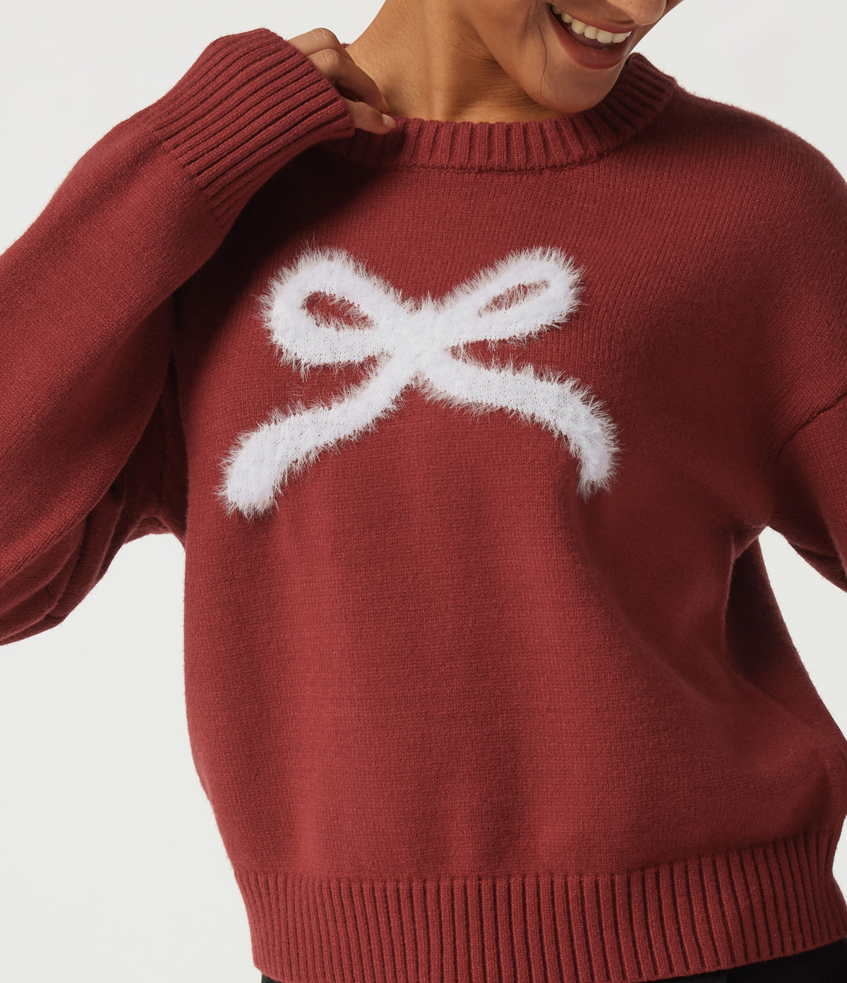Round Neck Drop Shoulder Long Sleeve Bow Casual Jumper — Bossa Nova — view 5