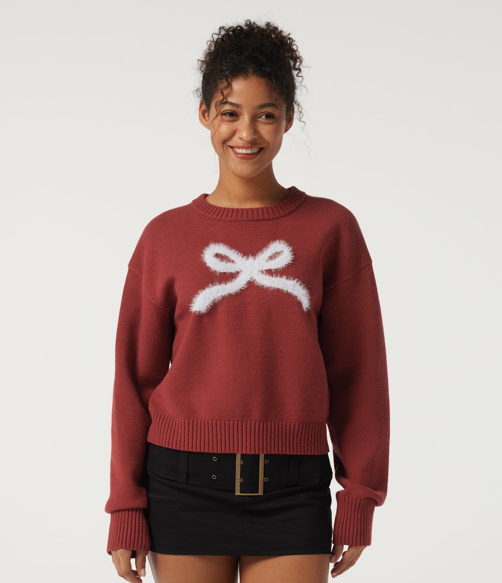 Round Neck Drop Shoulder Long Sleeve Bow Casual Jumper — Bossa Nova — view 1