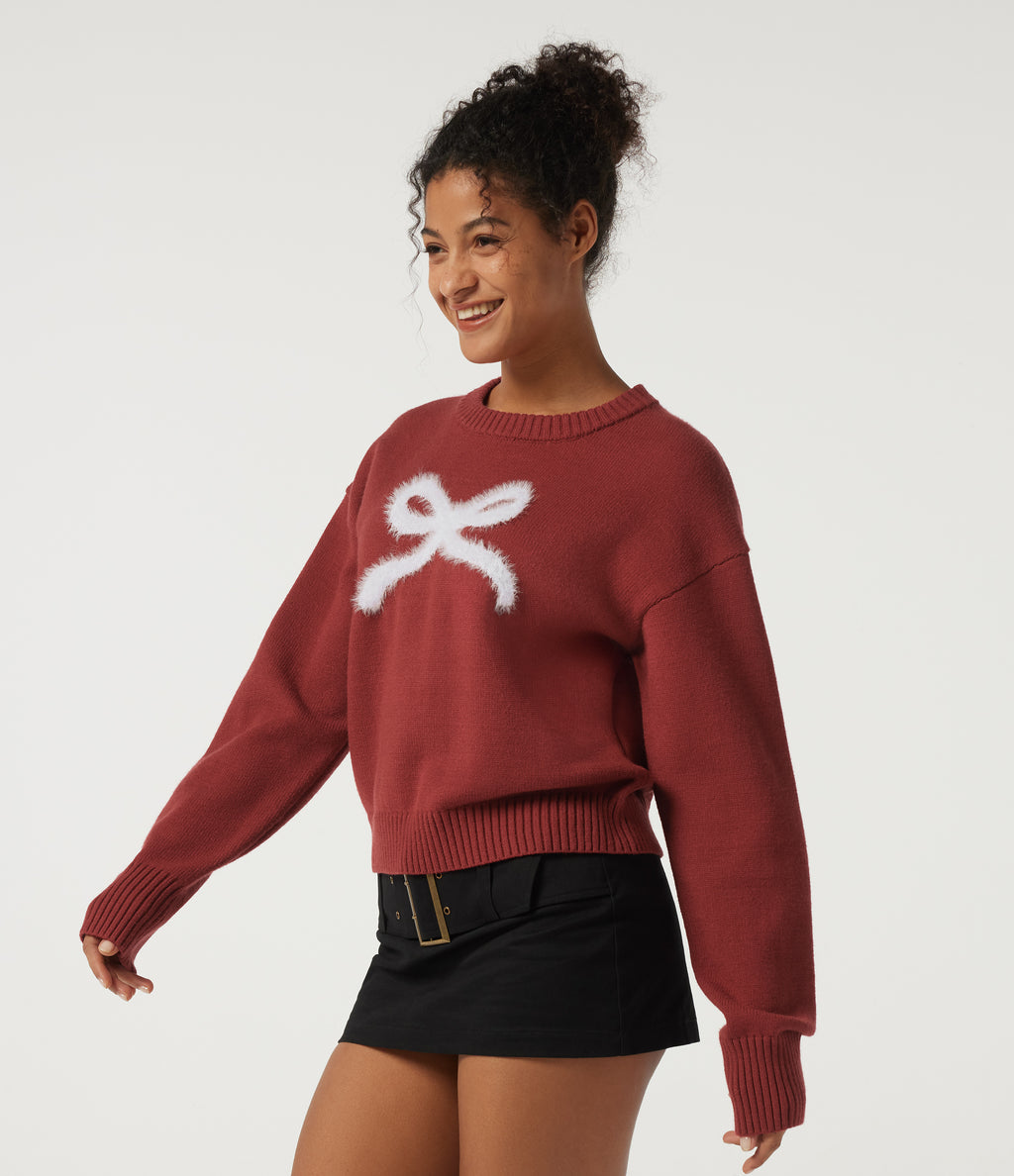 Round Neck Drop Shoulder Long Sleeve Bow Casual Jumper — Bossa Nova — view 3