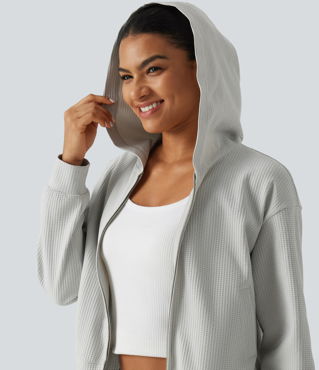 Hooded Long Sleeve Waffle Casual Jacket with Pockets — Antarctica — view 5