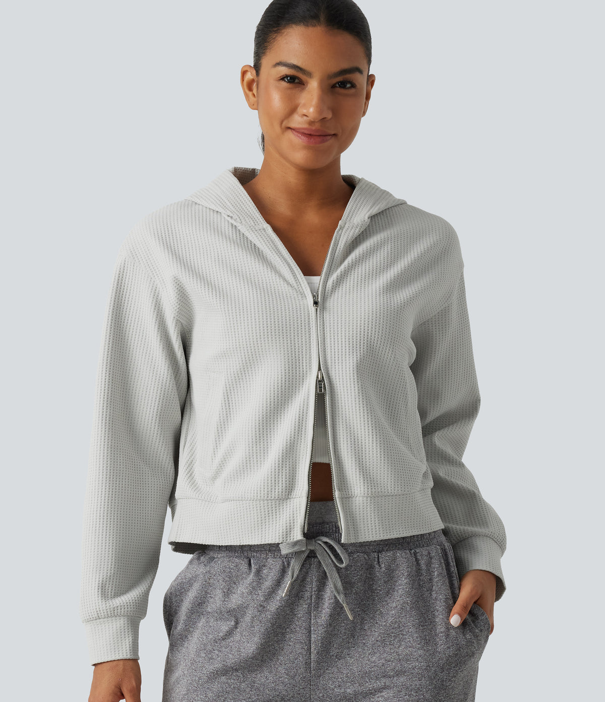 Hooded Long Sleeve Waffle Casual Jacket with Pockets — Antarctica — view 1