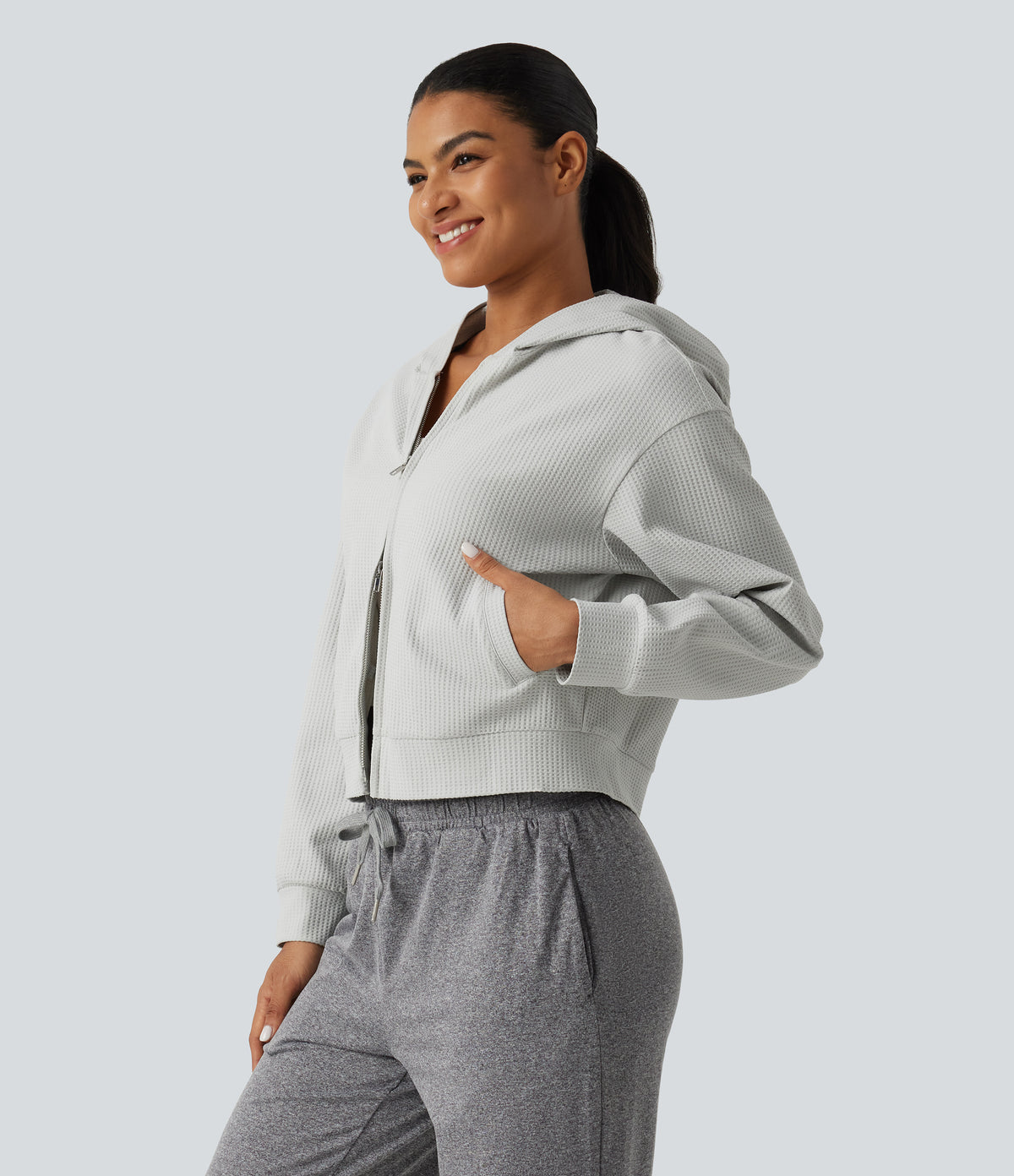 Hooded Long Sleeve Waffle Casual Jacket with Pockets — Antarctica — view 3