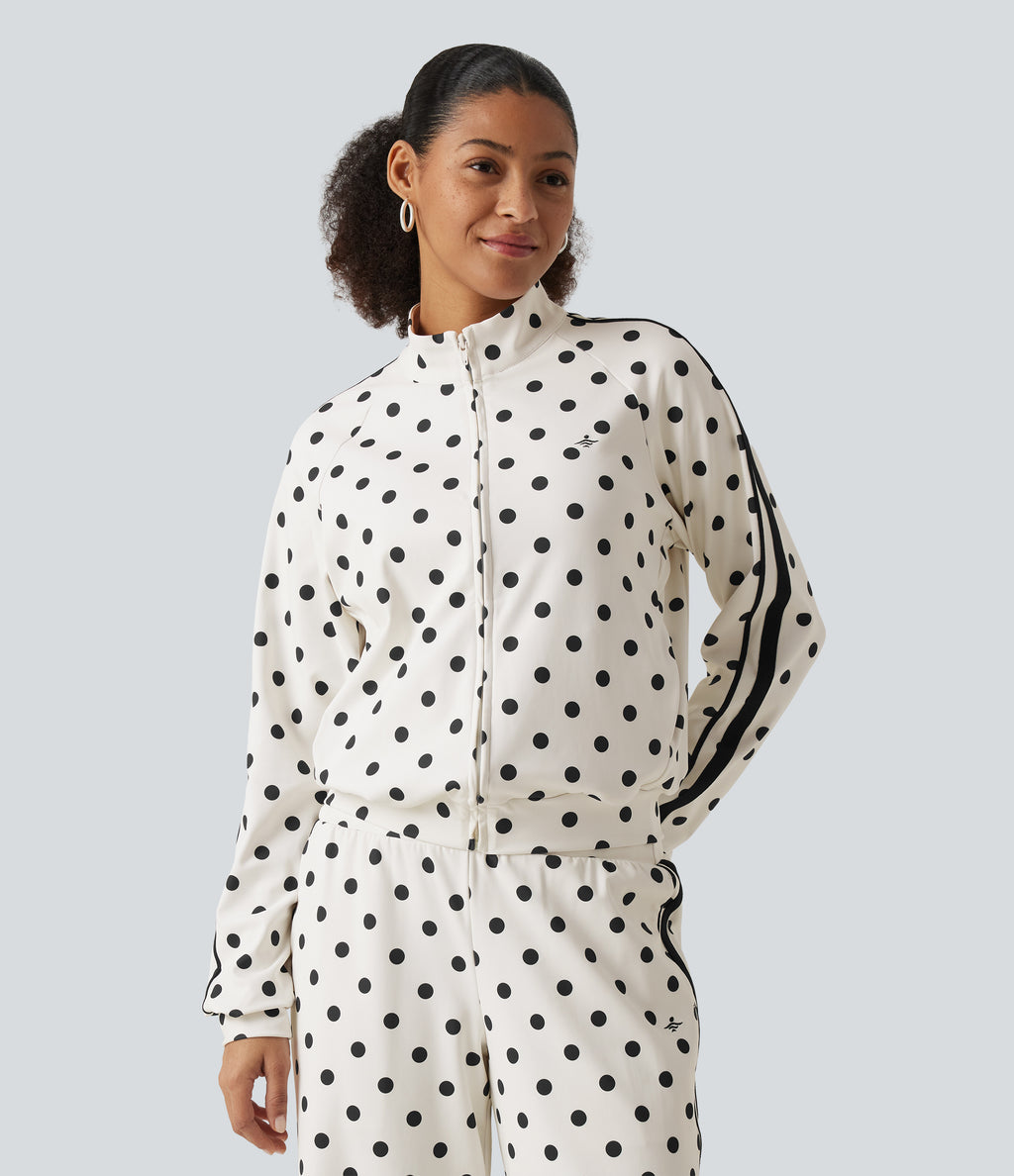 Stand Collar Polka Dot Side Stripe Casual Track Jacket with Pockets — Marais Dot — view 4
