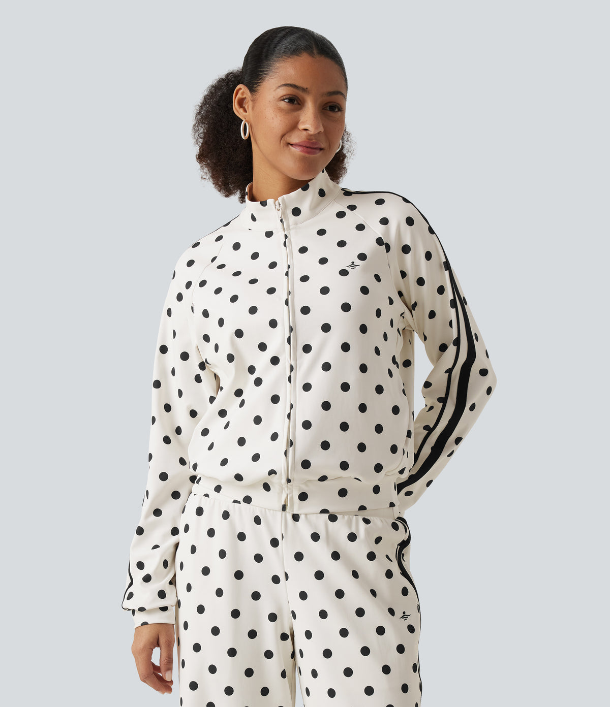 Stand Collar Polka Dot Side Stripe Casual Track Jacket with Pockets — Marais Dot — view 4