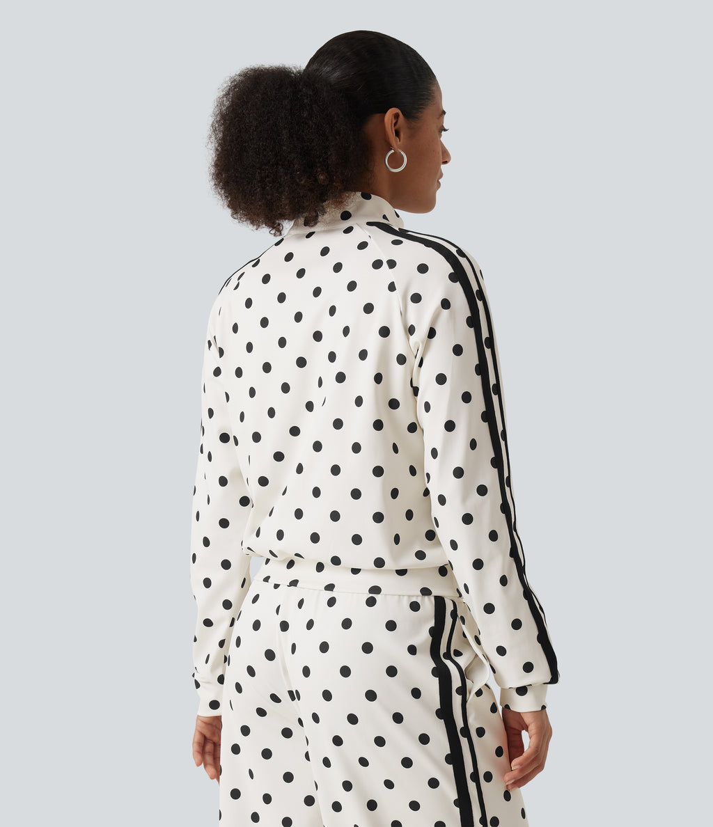 Stand Collar Polka Dot Side Stripe Casual Track Jacket with Pockets — Marais Dot — view 2