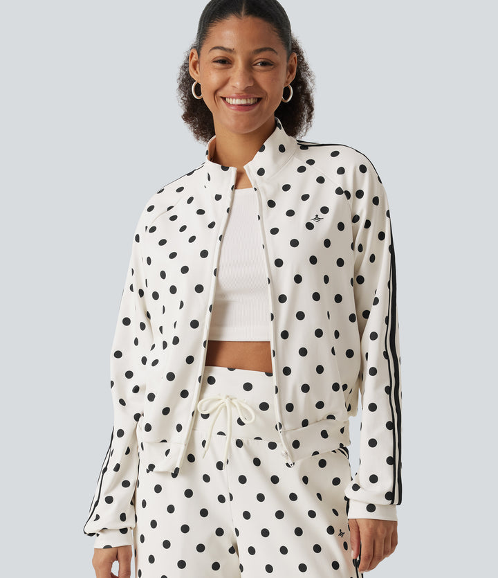 Stand Collar Polka Dot Side Stripe Casual Track Jacket with Pockets — Marais Dot — view 1