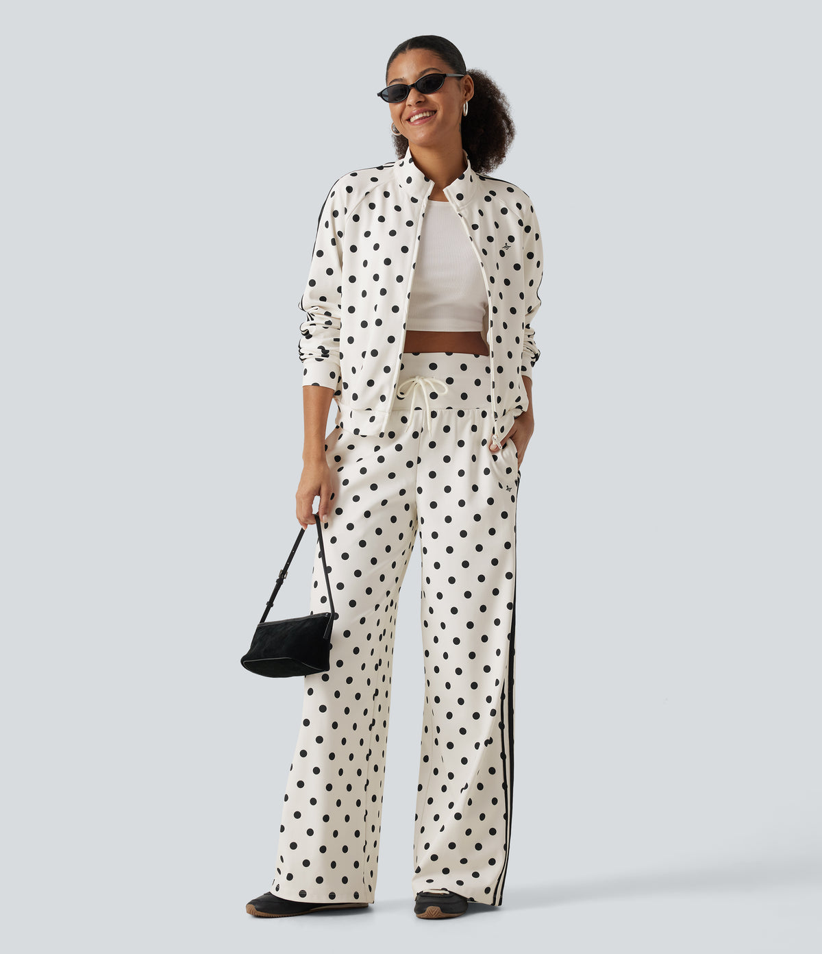 Stand Collar Polka Dot Side Stripe Casual Track Jacket with Pockets — Marais Dot — view 7