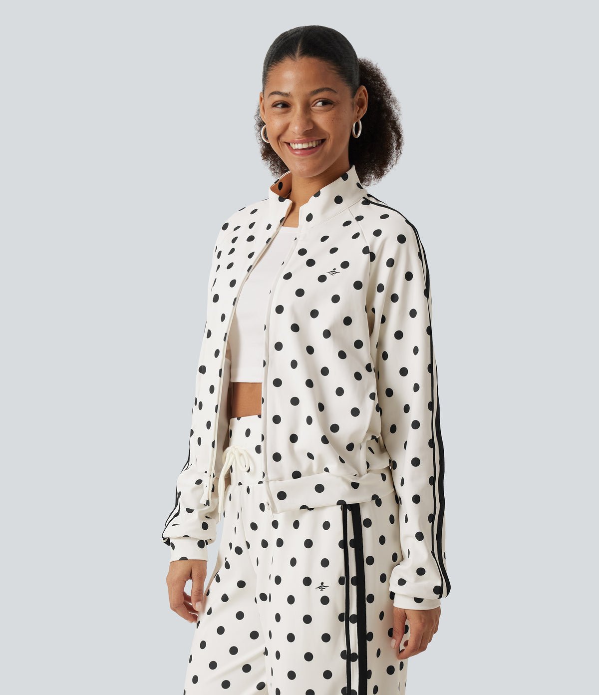 Stand Collar Polka Dot Side Stripe Casual Track Jacket with Pockets — Marais Dot — view 3