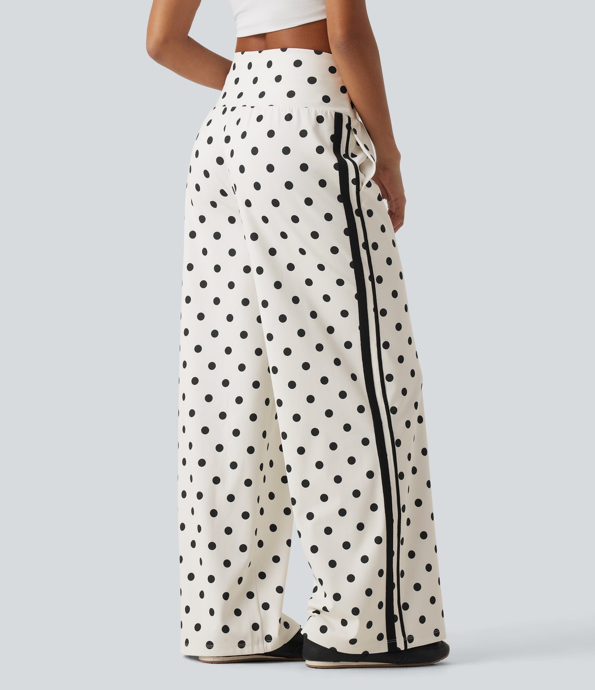 High Waisted Drawstring Tummy Control Polka Dot Side Stripe Wide Leg Casual Trousers with Pockets — Marais Dot — view 2