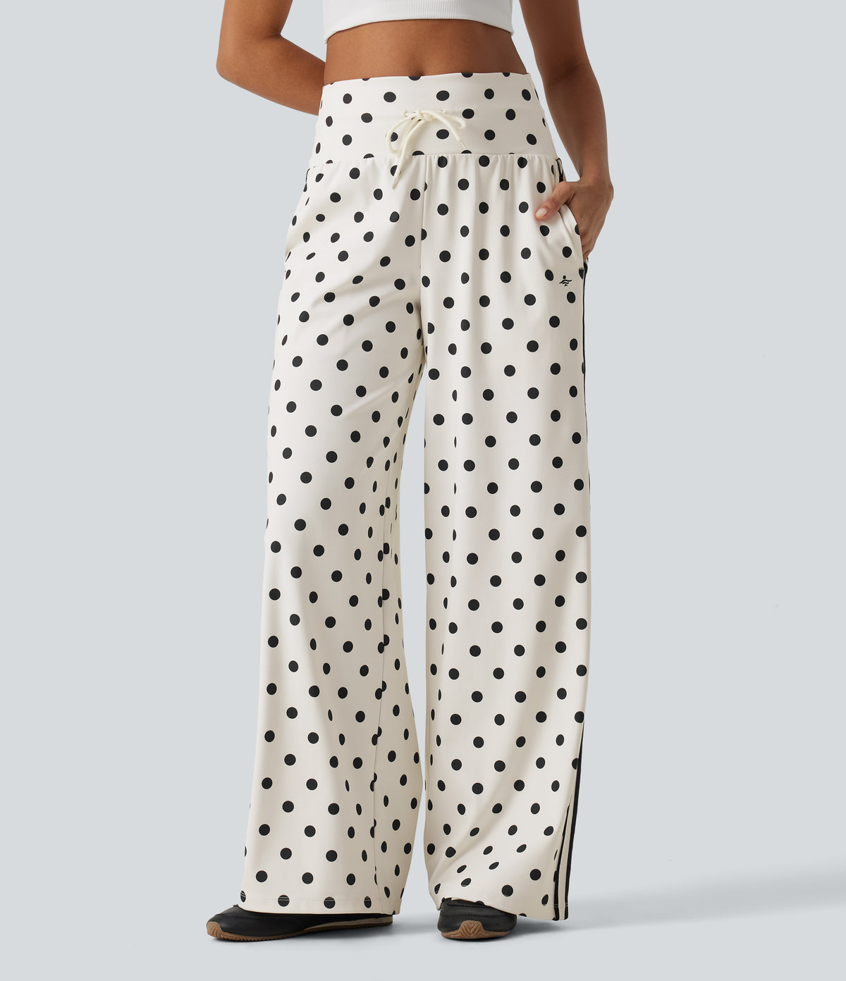 High Waisted Drawstring Tummy Control Polka Dot Side Stripe Wide Leg Casual Trousers with Pockets — Marais Dot — view 3