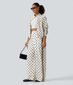 High Waisted Drawstring Tummy Control Polka Dot Side Stripe Wide Leg Casual Trousers with Pockets — Marais Dot — view 6