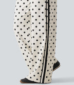 High Waisted Drawstring Tummy Control Polka Dot Side Stripe Wide Leg Casual Trousers with Pockets — Marais Dot — view 5
