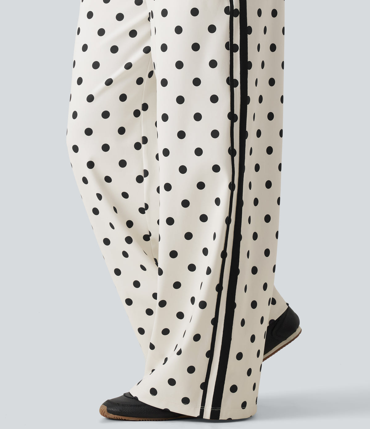 High Waisted Drawstring Tummy Control Polka Dot Side Stripe Wide Leg Casual Trousers with Pockets — Marais Dot — view 5