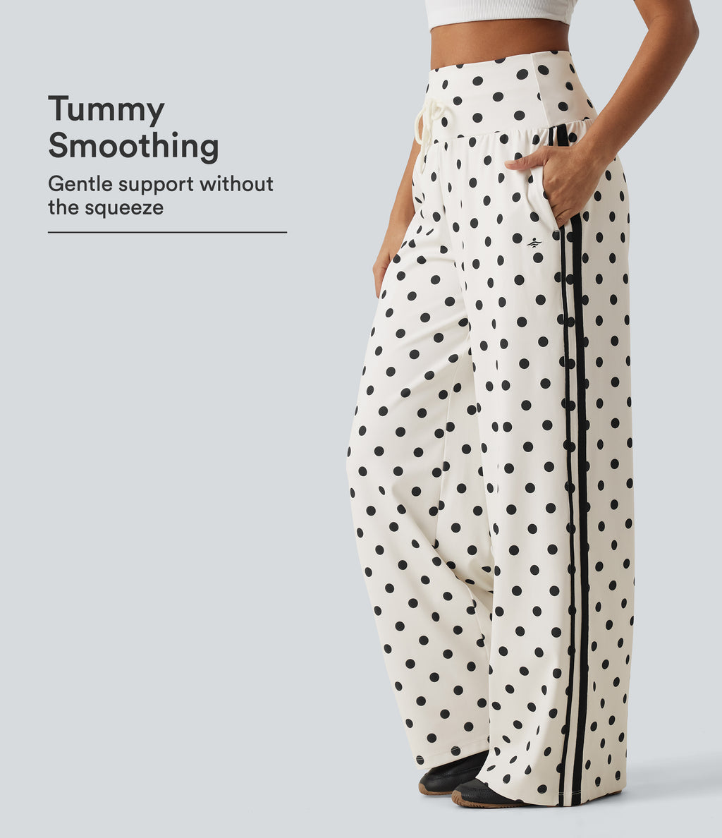 High Waisted Drawstring Tummy Control Polka Dot Side Stripe Wide Leg Casual Trousers with Pockets — Marais Dot — view 1