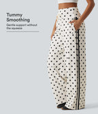 High Waisted Drawstring Tummy Control Polka Dot Side Stripe Wide Leg Casual Trousers with Pockets — Marais Dot — view 1