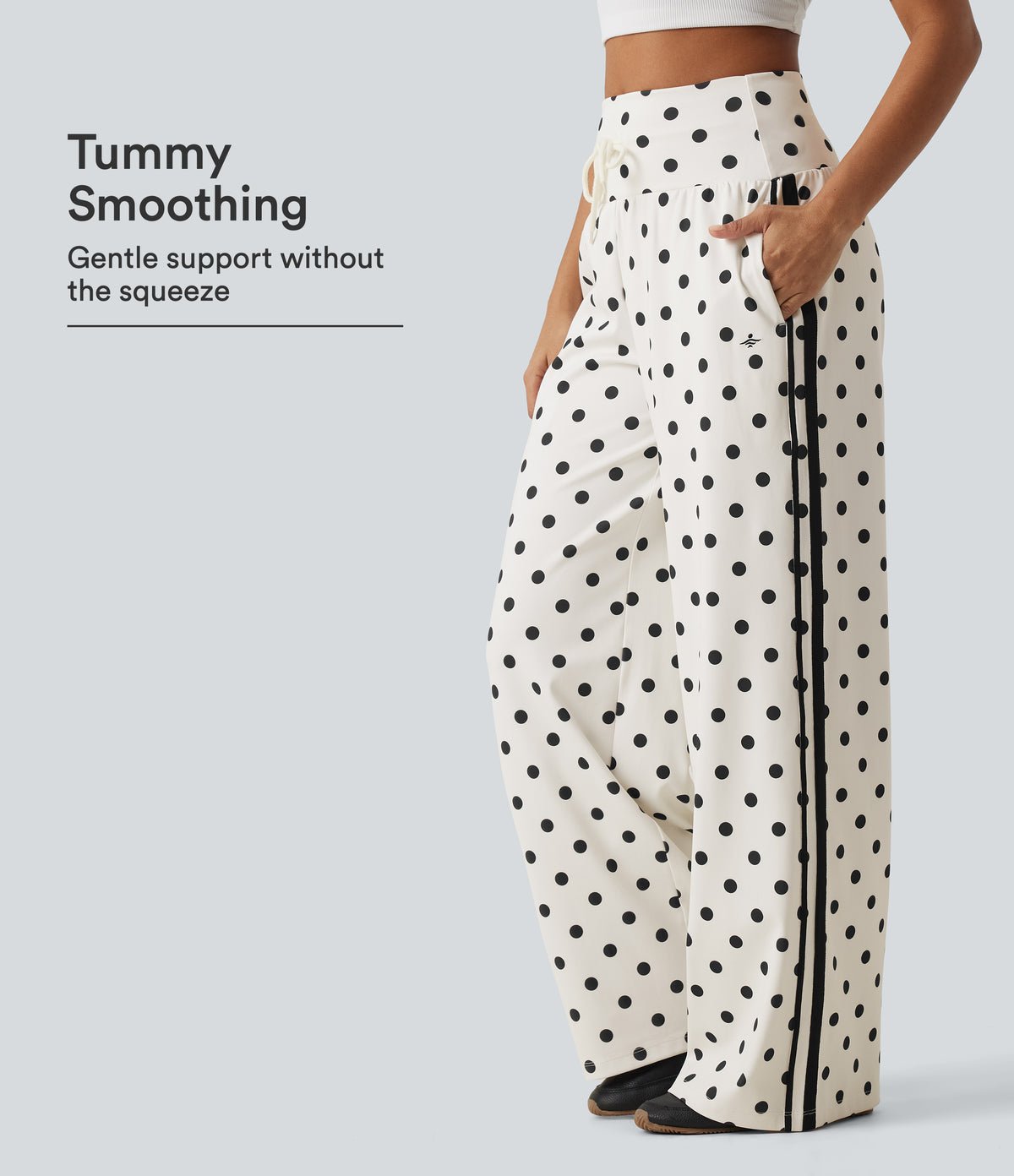 High Waisted Drawstring Tummy Control Polka Dot Side Stripe Wide Leg Casual Trousers with Pockets — Marais Dot — view 1