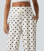 High Waisted Drawstring Tummy Control Polka Dot Side Stripe Wide Leg Casual Trousers with Pockets — Marais Dot — view 4