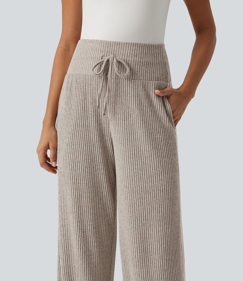 Ribbed Knit High Waisted Drawstring Side Stripe Casual Trousers with Pockets — Smoked Olive — view 4