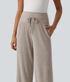 Ribbed Knit High Waisted Drawstring Side Stripe Casual Trousers with Pockets — Smoked Olive — view 4