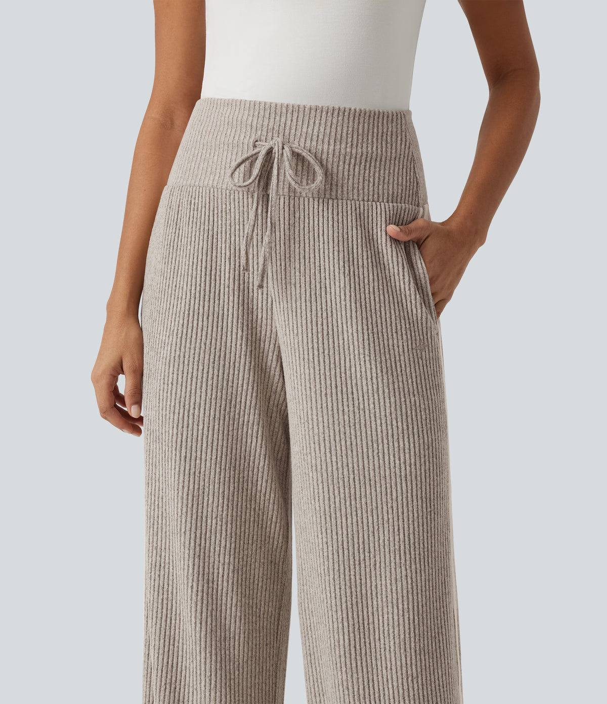 Ribbed Knit High Waisted Drawstring Side Stripe Casual Trousers with Pockets — Smoked Olive — view 4