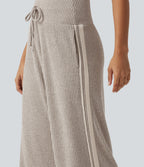 Ribbed Knit High Waisted Drawstring Side Stripe Casual Trousers with Pockets — Smoked Olive — view 6
