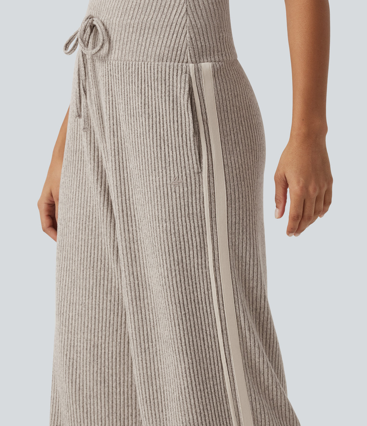 Ribbed Knit High Waisted Drawstring Side Stripe Casual Trousers with Pockets — Smoked Olive — view 6