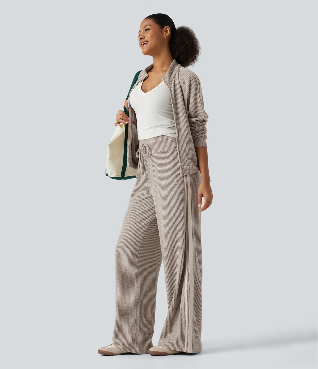 Ribbed Knit High Waisted Drawstring Side Stripe Casual Trousers with Pockets — Smoked Olive — view 7