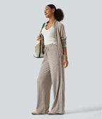 Ribbed Knit High Waisted Drawstring Side Stripe Casual Trousers with Pockets — Smoked Olive — view 7