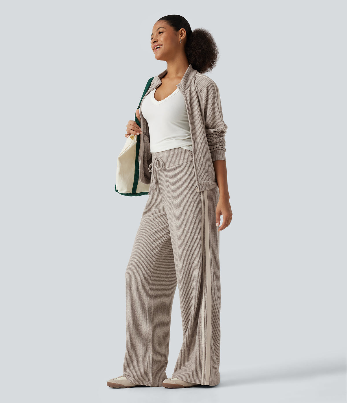 Ribbed Knit High Waisted Drawstring Side Stripe Casual Trousers with Pockets — Smoked Olive — view 7