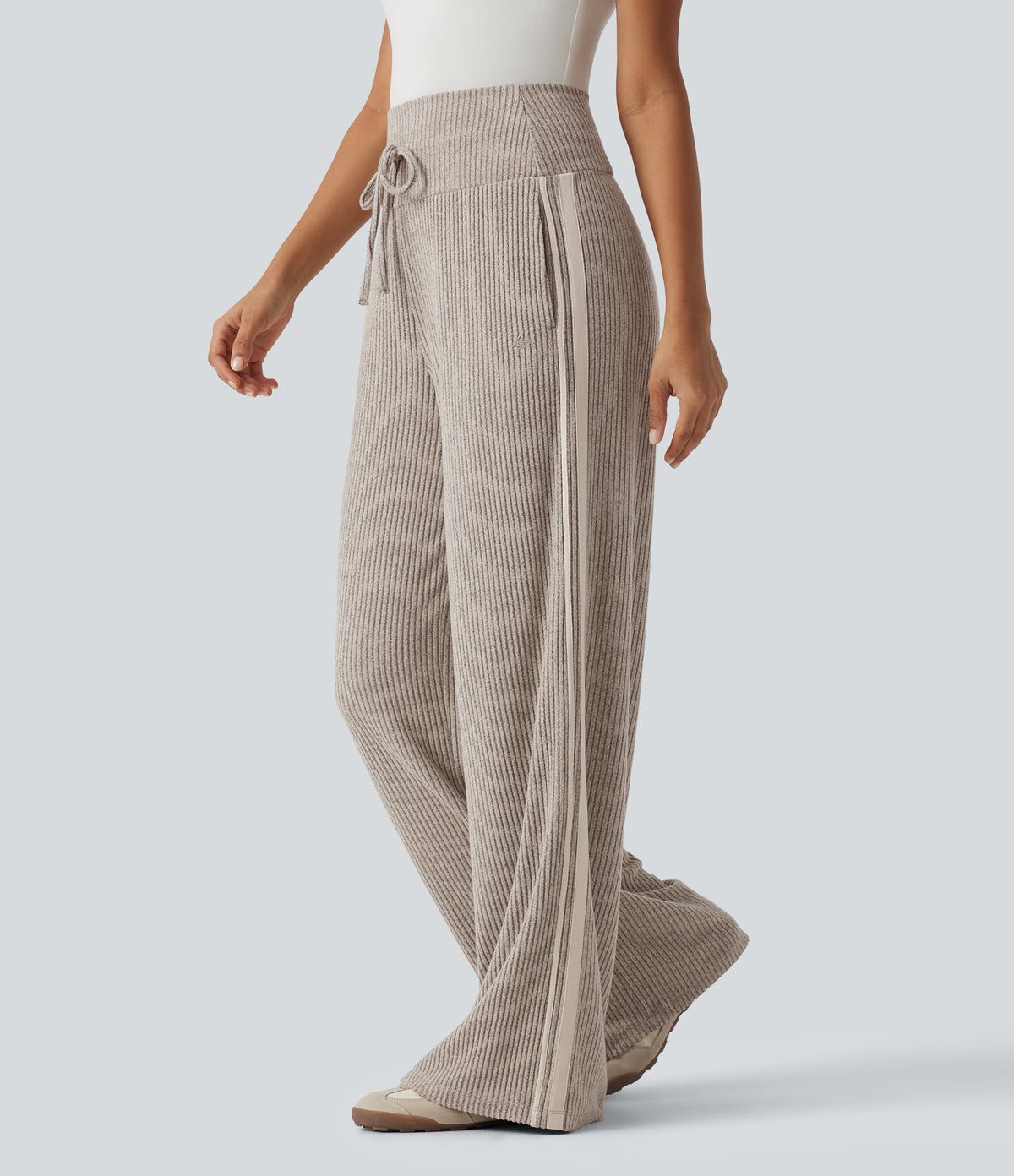 Ribbed Knit High Waisted Drawstring Side Stripe Casual Trousers with Pockets — Smoked Olive — view 1
