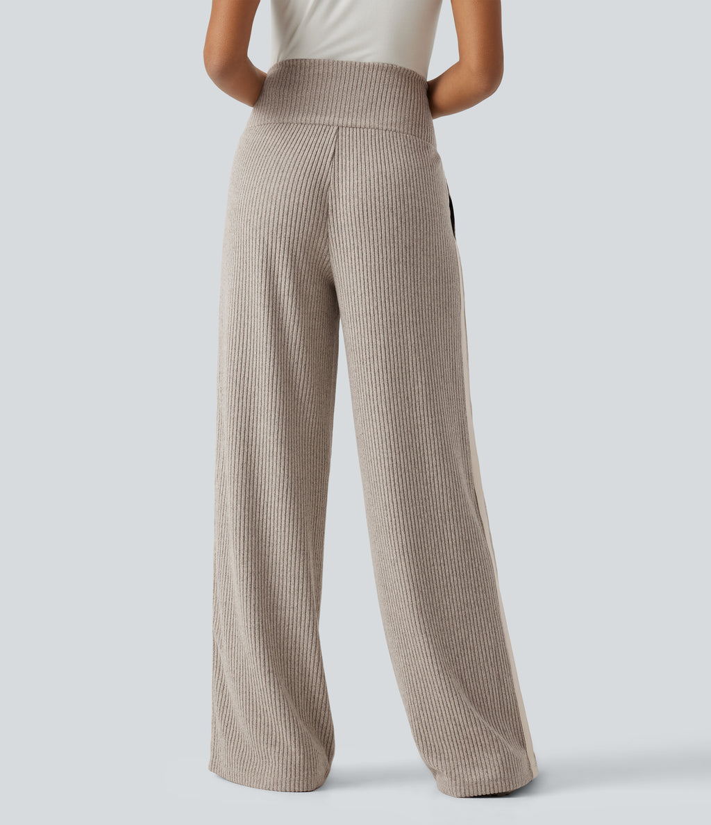 Ribbed Knit High Waisted Drawstring Side Stripe Casual Trousers with Pockets — Smoked Olive — view 2