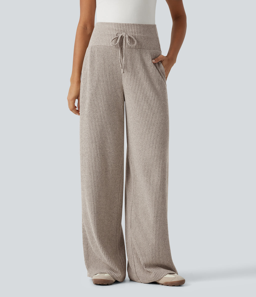 Ribbed Knit High Waisted Drawstring Side Stripe Casual Trousers with Pockets — Smoked Olive — view 3