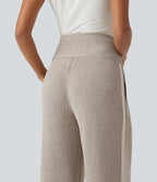 Ribbed Knit High Waisted Drawstring Side Stripe Casual Trousers with Pockets — Smoked Olive — view 5