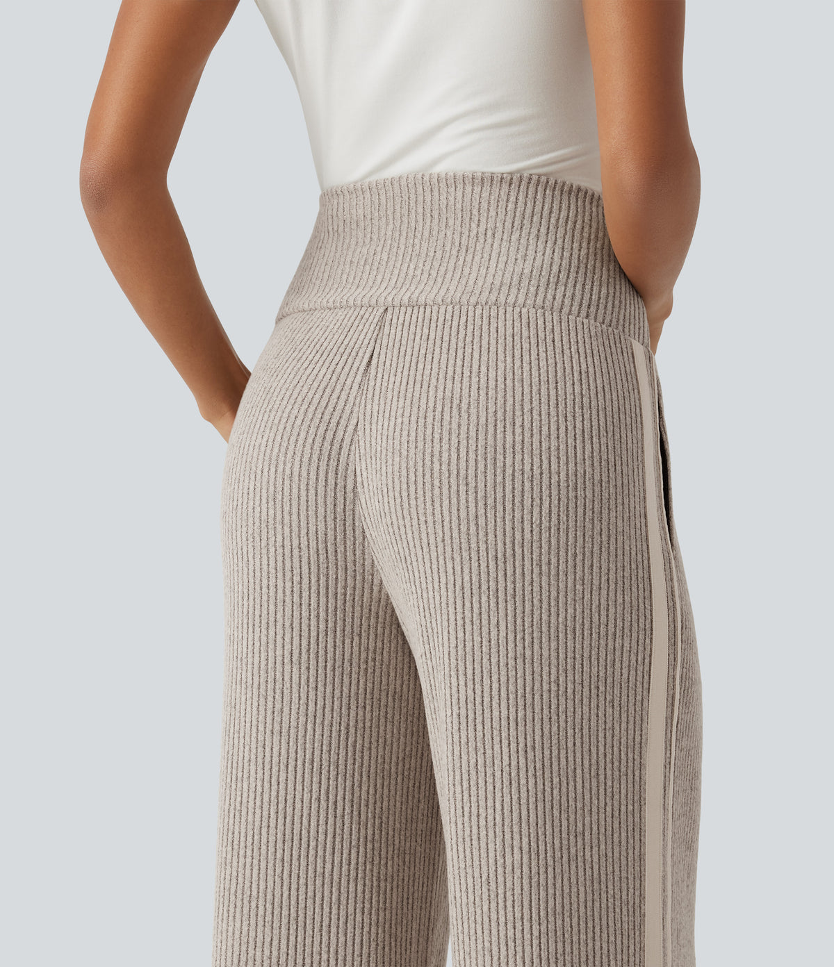 Ribbed Knit High Waisted Drawstring Side Stripe Casual Trousers with Pockets — Smoked Olive — view 5