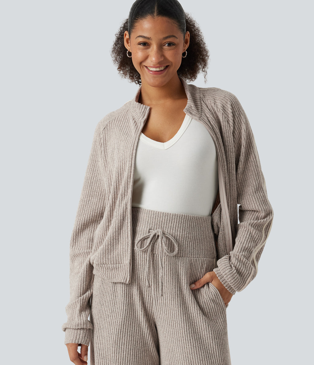 Ribbed Knit Stand Collar Side Stripe Long Sleeve Casual Track Jacket with Pockets — Smoked Olive — view 6